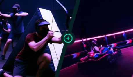 Gokart + Mission Access FiNDORA: Collage Gokart in Fahrt und 3 Personen mit Bogen