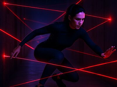 Orea Pfad FiNDORA: Frau pirscht sich durchs Lasernetz